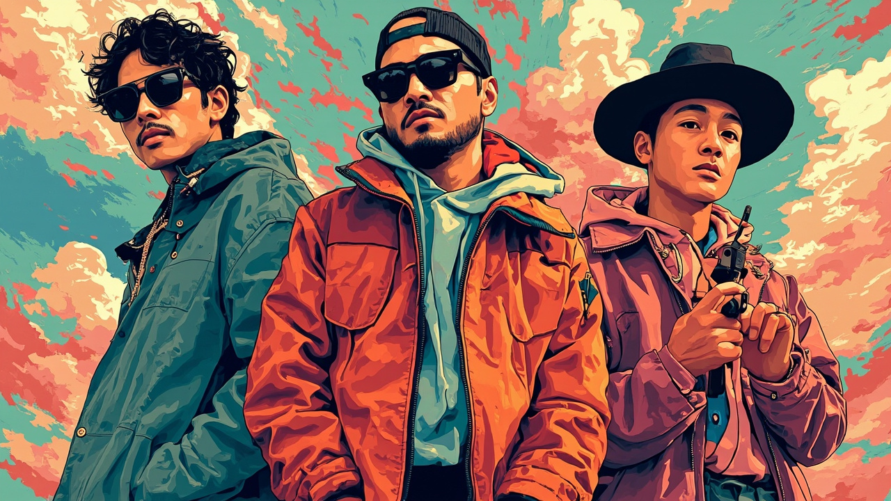 三位rapper录音棚工作